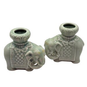 Celadon Green Ceramic Elephant-Shaped Candle Holders Pair Vintage China